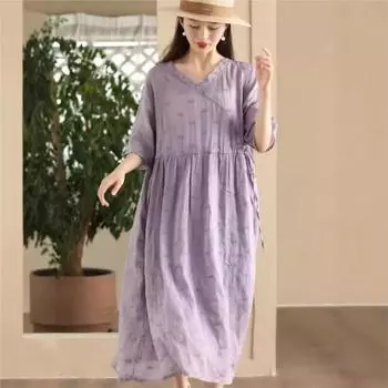 Johnature Женские винтажные вышитые цветочные платья с V-образным вырезом, бандажное платье с высокой талией, летнее платье А-силуэта с короткими рукавами One Size зелёный