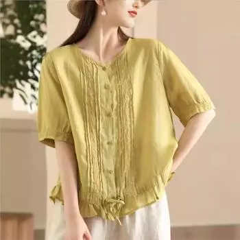 Johnature Женские винтажные вышитые цветочные рубашки с круглым вырезом и коротким рукавом, летние топы, свободные рубашки из рами высокого качества на пуговицах One Size хаки