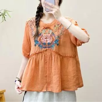 Johnature Женские винтажные вышитые цветочные рубашки Топы с пуговицами и коротким рукавом Летние женские блузки в китайском стиле One Size фиолетовый