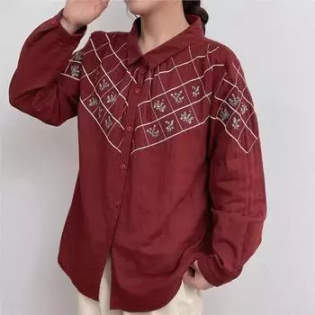 Johnature Женские винтажные вышитые цветочные рубашки, топы с отложным воротником и длинным рукавом, хлопковые блузки, осенние рубашки One Size серый