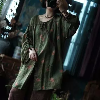 Johnature Женские винтажные зеленые футболки с цветочным принтом, с круглым вырезом и длинным рукавом, осенняя свободная женская футболка в китайском стиле One Size