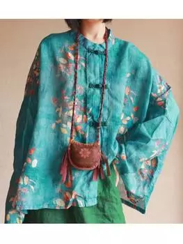 Johnature женские винтажные зеленые рубашки с принтом, топы, весенние блузки на пуговицах с длинными рукавами и стойкой, женские рубашки в китайском стиле One Size зелёный