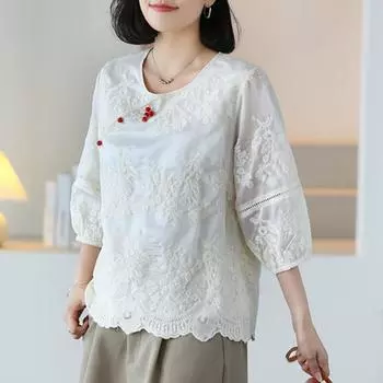 Johnature Женские винтажные жаккардовые футболки с цветочным принтом, футболки с коротким рукавом и v-образным вырезом, летние бежево-белые женские футболки в китайском стиле M