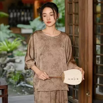 Johnature Женские винтажные жаккардовые футболки с круглым вырезом и семью рукавами, весенние женские мягкие футболки высокого качества высокого качества XL бежевый