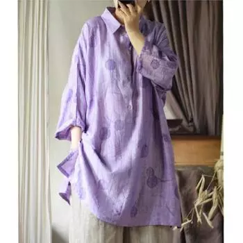 Johnature Женские винтажные жаккардовые рубашки, топы с отложным воротником, семь рукавов, летние свободные рубашки средней длины One Size