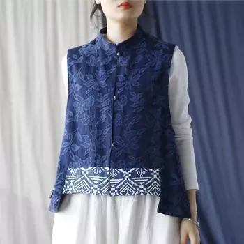 Johnature Женские винтажные жаккардовые темно-синие пуговицы в китайском стиле, осенние жилеты One Size темно-синий