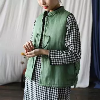 Johnature женские винтажные жилеты из рами пальто сплошной цвет теплая одежда на пуговицах осенние свободные женские жилеты в китайском стиле One Size красный