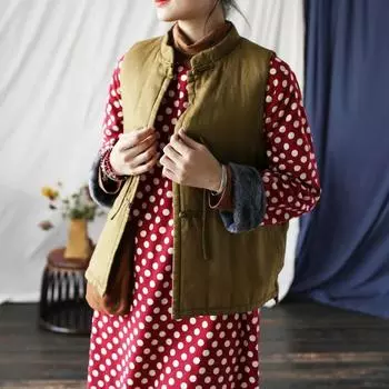 Johnature женские винтажные жилеты из рами пальто сплошной цвет теплая одежда на пуговицах осенние свободные женские жилеты в китайском стиле One Size красный