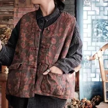 Johnature женские винтажные жилеты с цветочным принтом, пальто, без рукавов с v-образным вырезом и пуговицами, лоскутные карманы, осенние плюс хлопковые жилеты One Size кофейный