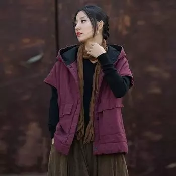 Johnature женские винтажные жилеты с капюшоном пальто теплая одежда на пуговицах в стиле пэчворк с карманами зимняя плюс хлопковые жилеты One Size чёрный/песочный