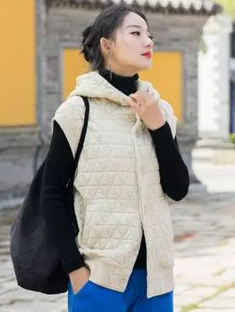 Johnature женские винтажные жилеты с капюшоном пальто без рукавов теплые толстые осенние однотонные женские жилеты на пуговицах пальто One Size бежевый