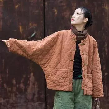 Johnature Женские винтажные зимние пальто с длинным рукавом и пуговицами, однотонные карманы, женские пальто в китайском стиле One Size хаки