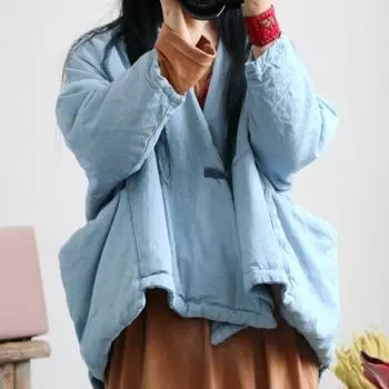 Johnature женские винтажные зимние парки однотонные с v-образным вырезом и длинными рукавами, теплые льняные парки в китайском стиле на одной пуговице, пальто 3XS темно-синий