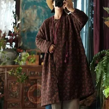 Johnature женские винтажные зимние парки с цветочным принтом и v-образным вырезом, с длинным рукавом, на одной пуговице, плюс хлопковые теплые длинные парки One Size темный кофе