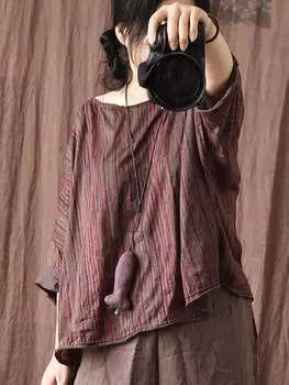 Johnature женские вязаные хлопковые футболки, топы в полоску, свободная летняя одежда с семью рукавами, женские повседневные футболки One Size синий