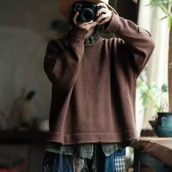Johnature Женские вязаные винтажные пуловеры-свитера Однотонные О-образные с длинным рукавом Осенние женские свитера One Size коричневый