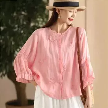 Johnature Женские вышитые цветочные рубашки, летние винтажные топы, блузки с круглым вырезом и семью рукавами, однотонные рубашки One Size фиолетовый