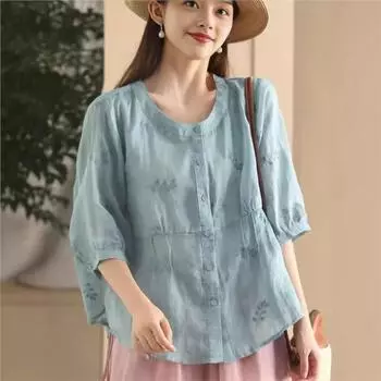 Johnature Женские вышитые цветочные рубашки с круглым вырезом и коротким рукавом, летние однотонные женские блузки на пуговицах One Size светло-зеленый