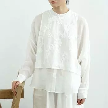 Johnature Женские вышитые цветочные винтажные рубашки с длинным рукавом и стойкой, белые блузки, летние рубашки в китайском стиле One Size белый