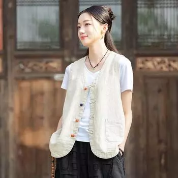 Johnature Женские жилеты в китайском стиле Пальто с V-образным вырезом Однотонные пуговицы Винтажные ткани Осенние карманы Жилеты One Size чёрный