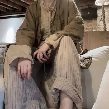 Johnature Женские зимние нишевые повседневные брюки с вертикальными полосками и длинными рукавами Модные свободные брюки в винтажном стиле One Size серый