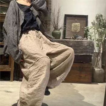 Johnature Женские зимние нишевые винтажные свободные повседневные брюки со шнурком, однотонные повседневные брюки в китайском стиле One Size бежевый
