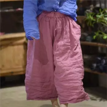 Johnature Женские зимние однотонные свободные широкие брюки с завязками на шнурке, повседневные винтажные брюки с индивидуальным дизайном One Size