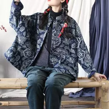Johnature Женские пальто в китайском стиле с цветочным принтом, стойкой, длинными рукавами на пуговицах, зимние One Size