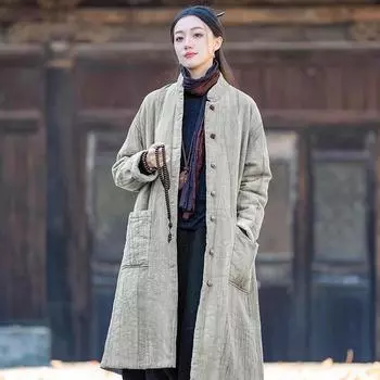 Johnature Женские зимние пальто-стойки в китайском стиле, однотонные, с карманами в стиле пэчворк, с длинными рукавами One Size