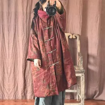 Johnature женские зимние парки с цветочным принтом и круглым вырезом, винтажные пальто на пуговицах с длинными рукавами, льняные свободные женские теплые парки One Size оранжевый