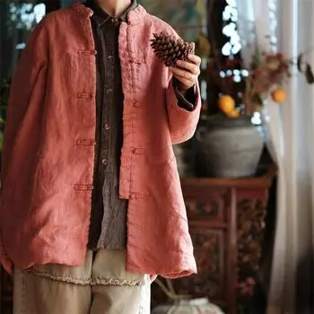 Johnature женские зимние парки со стойкой в китайском стиле оранжево-розовые пальто на пуговицах с длинными рукавами льняные плюс хлопковые женские парки One Size темно-оранжевого