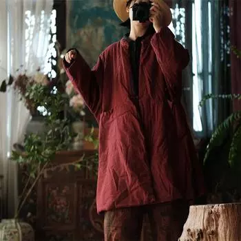 Johnature женские зимние парки со стойкой в китайском стиле, однотонные лоскутные пальто с карманами, винтажные парки с длинными рукавами и пуговицами One Size бордовый