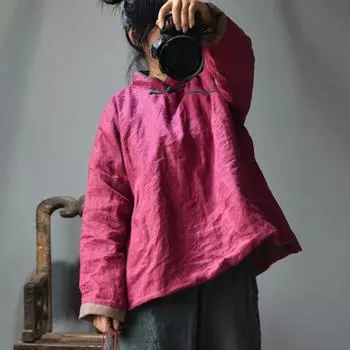 Johnature женские зимние парки в китайском стиле однотонные пальто с длинными рукавами льняные плюс хлопковые женские винтажные парки One Size синий