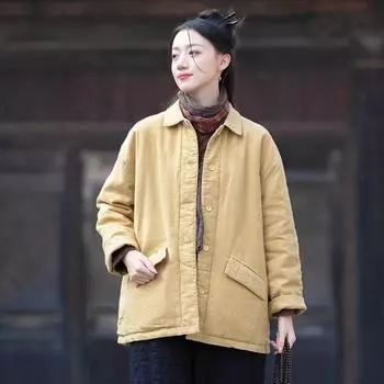 Johnature женские зимние парки в китайском стиле с отложным воротником и пуговицами, теплые пальто с карманами и длинными рукавами, хлопковые парки One Size серый