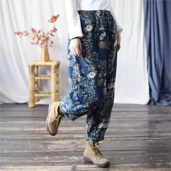 Johnature женские зимние повседневные свободные брюки в китайском стиле модные повседневные брюки One Size синий