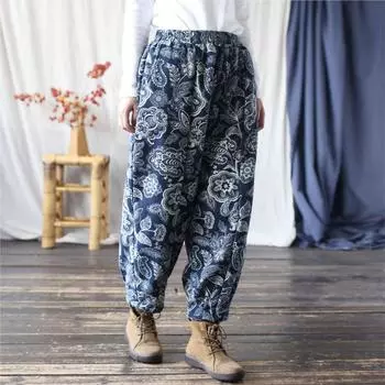 Johnature Женские зимние повседневные свободные брюки в винтажном стиле с модным принтом и эластичной талией в стиле ретро One Size синий