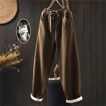 Johnature женские зимние повседневные свободные шаровары с эластичной талией из хлопка, однотонные, в винтажном стиле, стирающиеся брюки M бежевый