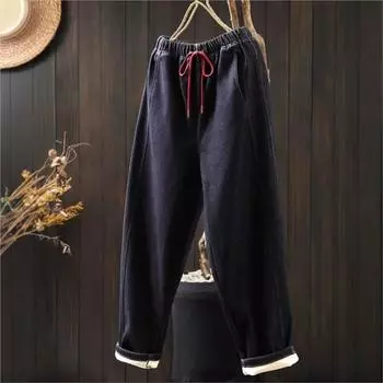 Johnature женские зимние свободные повседневные однотонные шаровары с эластичной талией из хлопка с эффектом стирки в винтажном стиле M синий