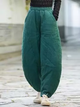 Johnature женские зимние теплые льняные брюки с эластичной резинкой на талии, свободные брюки с карманами, однотонные лоскутные винтажные длинные брюки One Size белый