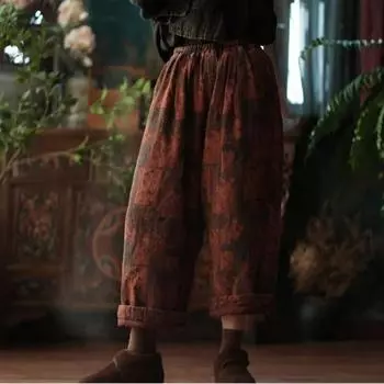 Johnature женские зимние теплые широкие брюки с цветочным принтом на эластичной резинке на талии плюс хлопковые брюки винтажные женские длинные брюки One Size темно-красного