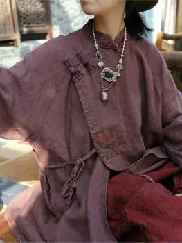 Johnature женский льняной плащ в китайском стиле, однотонный однотонный плащ с длинными рукавами и поясом на пуговицах, женский плащ One Size кофейный