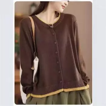 Johnature Женский Осенний Цветовой Сочетание O-образный Вырез Повседневный Свободный Свитер Длинные Рукава Однобортный Винтажный Свитер One Size оранжевый