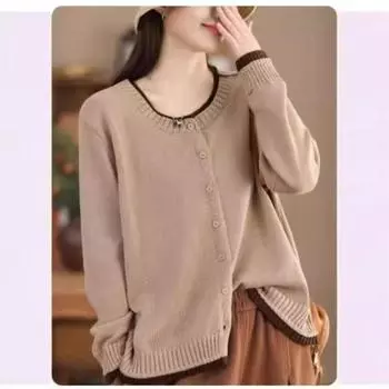 Johnature Женский осенний корейский свитер с круглым вырезом и длинными рукавами, повседневный свободный свитер, винтажный однобортный свитер с цветными блоками One Size хаки