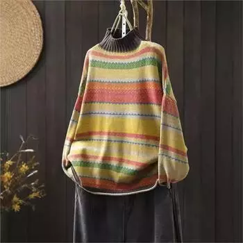 Johnature Женский осенний модный цветной полосатый свободный свитер в китайском стиле с воротником-стойкой и длинными рукавами One Size кофейный