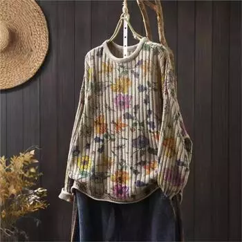 Johnature Женский Осенний Нишевый О-образный вырез Длинные рукава Винтажный Принт Повседневный Свитер Свободный Ретро Личность Свитер One Size зелёный