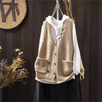 Johnature Женский Осенний Нишевый Свободный V-образный вырез Личность Без Рукавов Повседневный Однобортный Хлопковый Вышитый Топ One Size бежевый