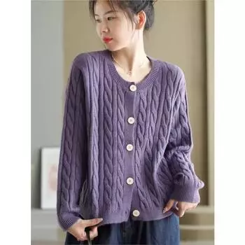 Johnature Женский Осенний Однотонный Свободный О-Образный Вырез Повседневный Однобортный Свитер Длинные Рукава Винтажный Свитер One Size фиолетовый