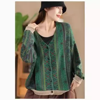 Johnature Женский Осенний Принт Однобортный Длинный Рукав Свитер Niche V-образный Вырез Личность Винтажный Свитер One Size