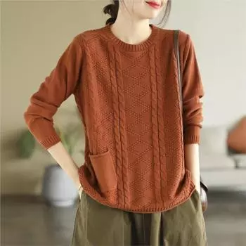 Johnature женский осенний пуловер, свитера с круглым вырезом и длинными рукавами, вязаный хлопок, лоскутные карманы, осенние женские повседневные свитера One Size