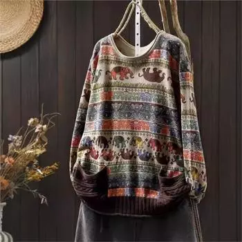 Johnature Женский осенний слоновый принт с двойными карманами Контрастный свитер Повседневный свободный винтажный свитер с круглым вырезом One Size кофейный